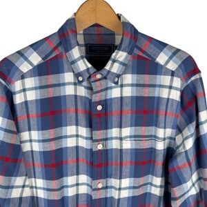 Vineyard Vines Mens Classic Fit Plaid Cotton Linen Stretch Shirt Blue Red M